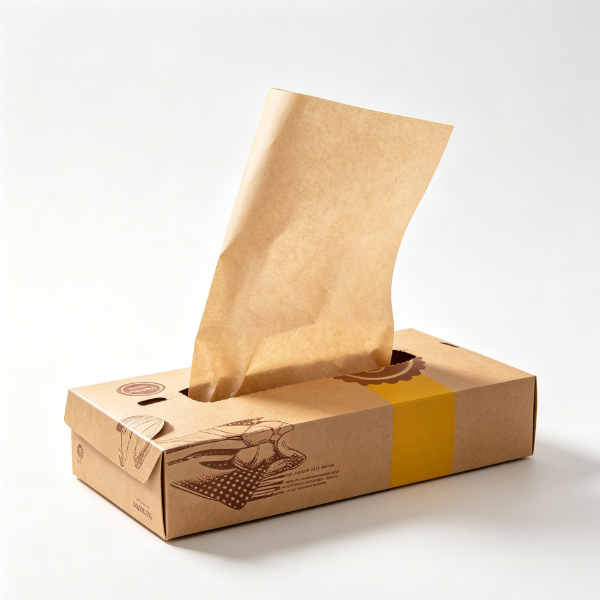 Brown pop-up baking paper box with sheet extracted on clean white background.