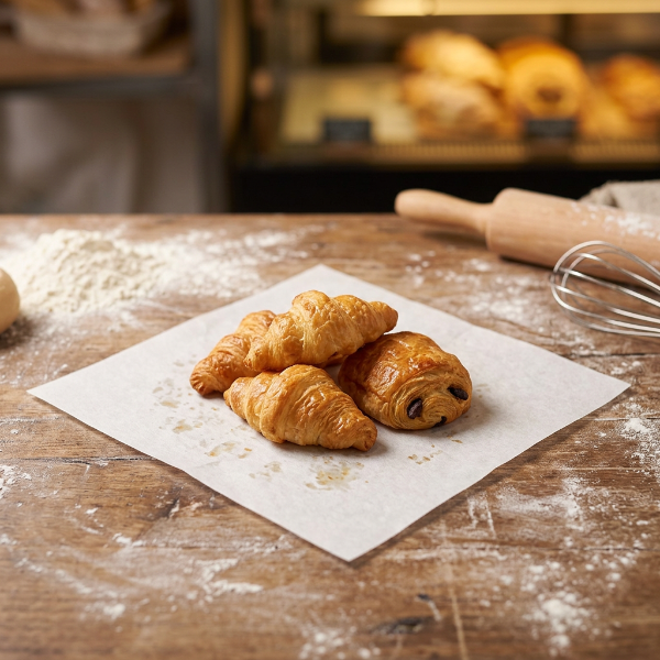 Food greaseproof paper holding fresh pastries on a bakery counter.