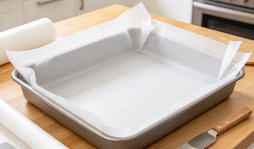 Real life size non stick baking paper sheets on standard metal baking tray with simple kitchen tools.